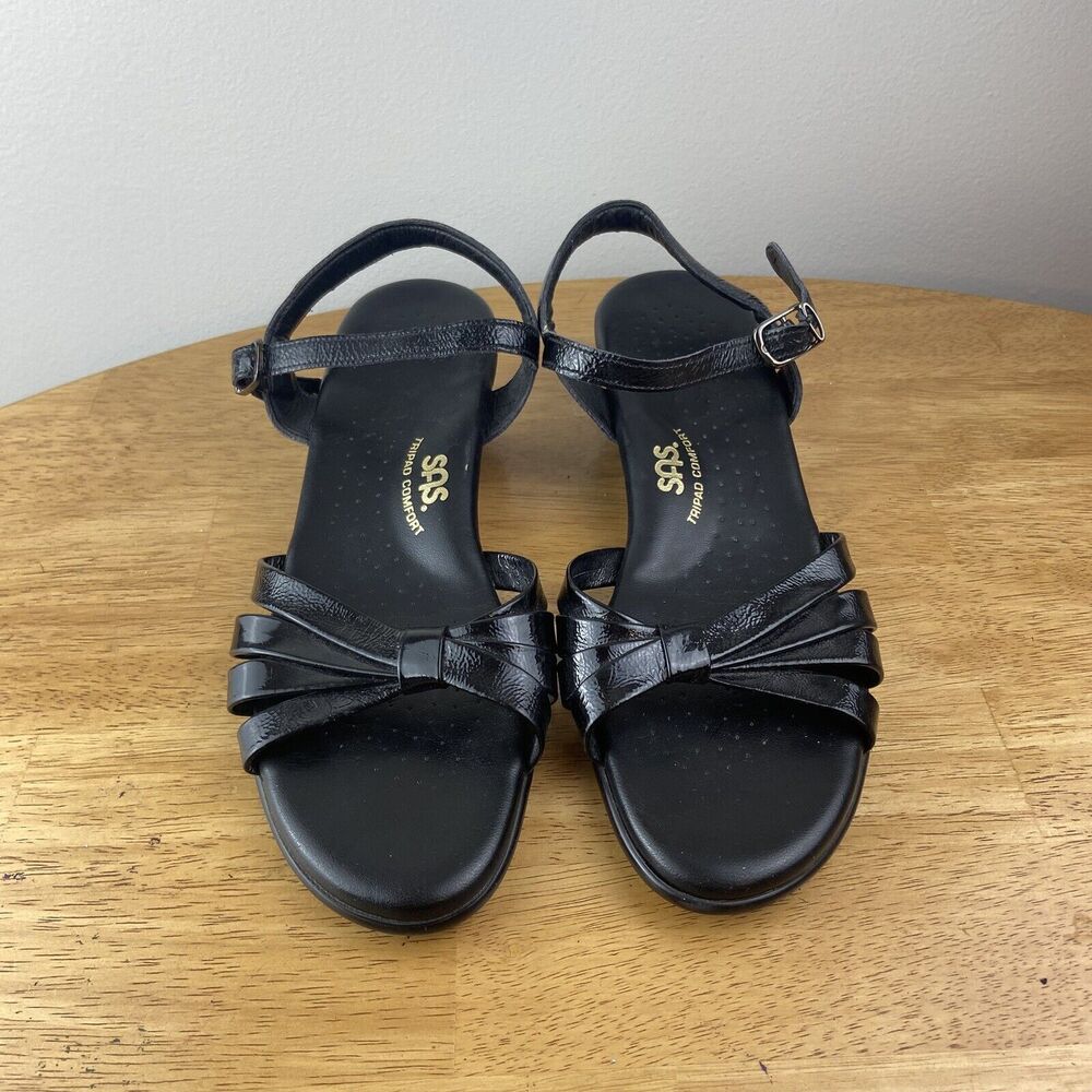 SAS Strippy Tripad Comfort Black Leather Wedge Heel Sandals Womens Size 9.5